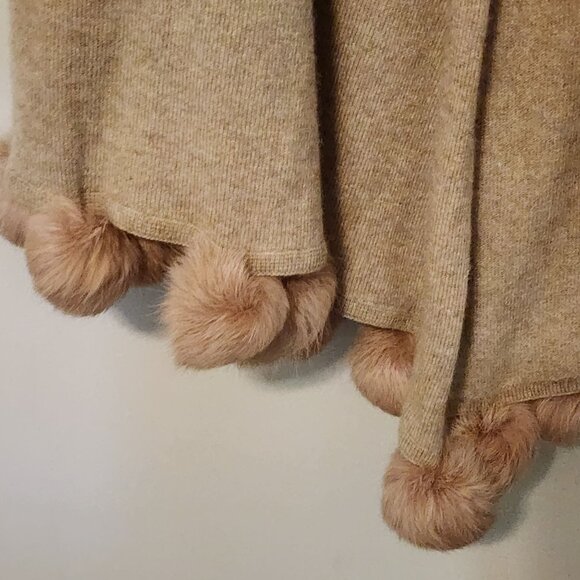 Marshall Fields Cashmere Scarf  rabbit fur pompoms  30 x 79 2 repaired holes - Picture 3 of 7